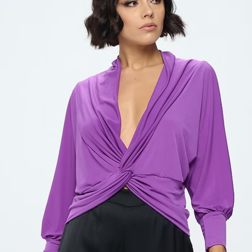 Renee C. Purple Wrap Tie Front Blouse 3/4 Sleeve